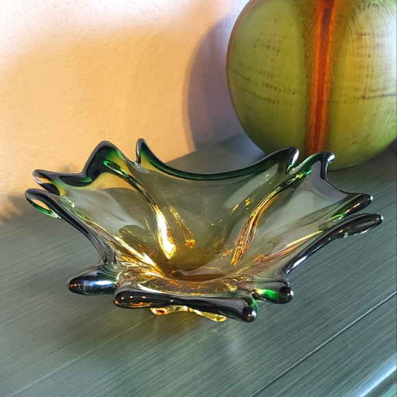 Vintage Handblown Green & Amber Art Glass Mid-Century Modern Art Deco Boho Bowl - Picture 6 of 13